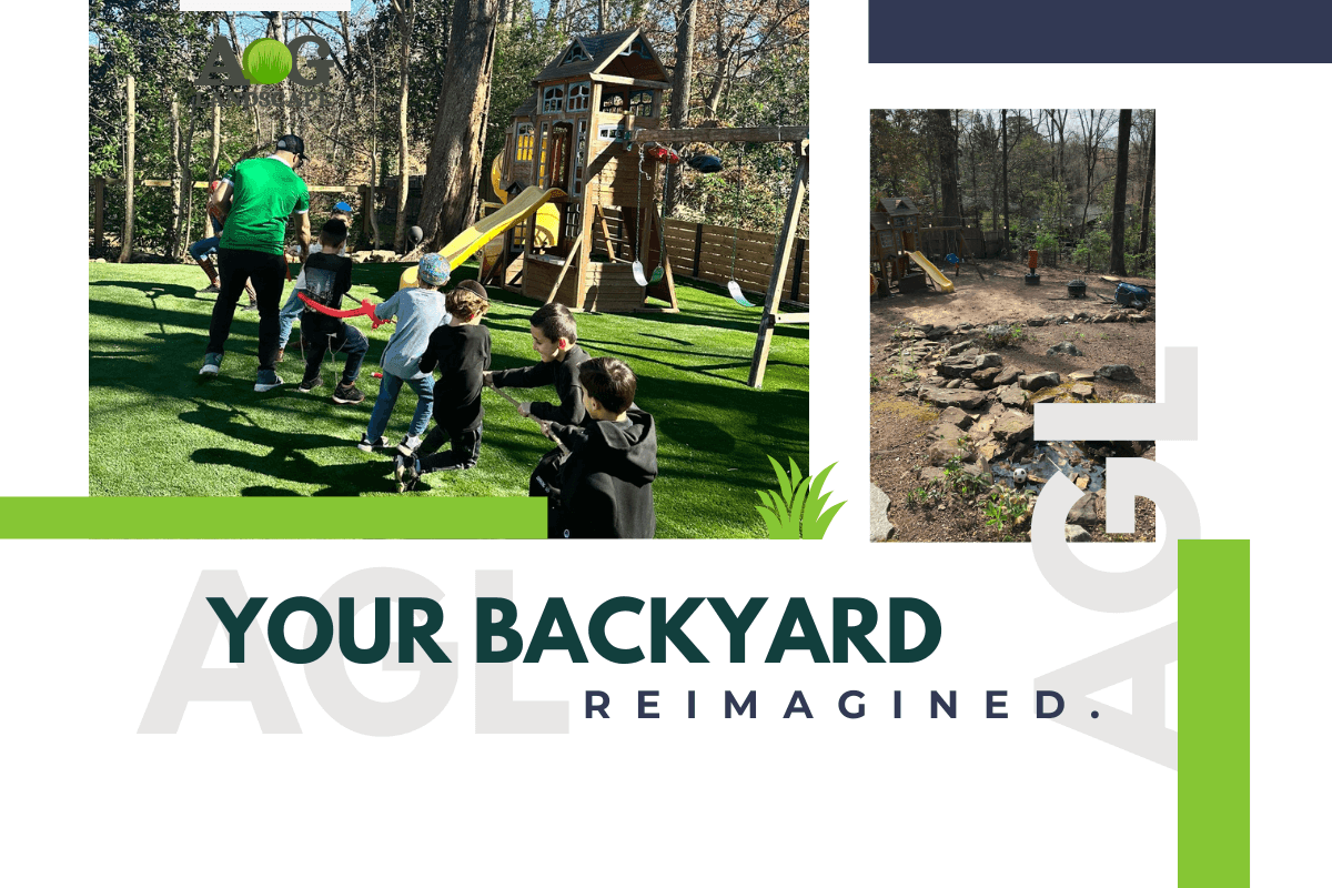 Before and after comparison of artificial grass installation in a residential backyard, showing a transformation from patchy natural grass to a lush, green, low-maintenance lawn in Atlanta, GA.